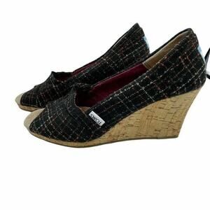 Toms Emma Classic Pump Wedge Heels Shoes Multicolor Plaid Slip On 8 M